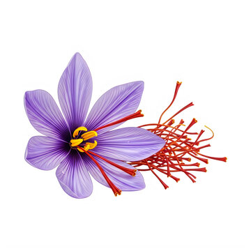 Beautiful purple saffron flower with red stamens and yellow anthers isolated on white background transparent background