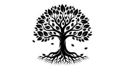 A detailed black and white illustration of a majestic tree with intricate branches and visible roots, symbolizing life and growth.