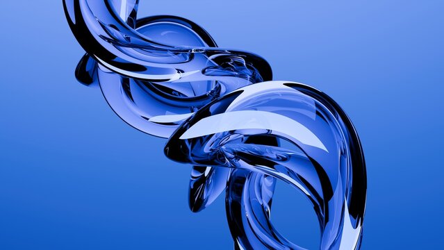 Fluid liquid blue glass shapes and spheres abstract background.