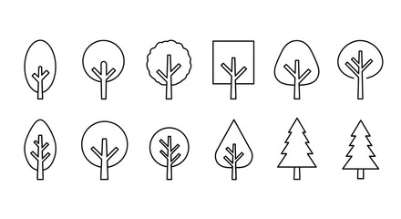 A collection of simple line art icons representing various types of trees, including deciduous and coniferous varieties. © gita
