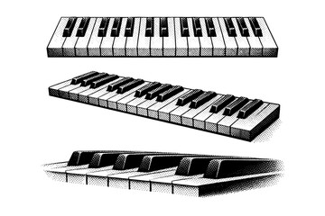 Piano keys arranged as a single keyboard segment shown from top view, angled perspective, and close-up side view, focusing on realistic key