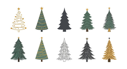 Obraz premium A collection of ten diverse Christmas trees, each uniquely decorated and styled, presented on a white background.