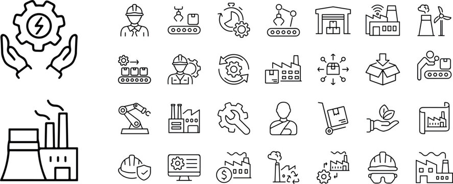 Collection of manufacturing line icons, Factory and manufacturing Web Icon Set in Linear Style, including automation, plants, industrial, production, machine, warehouse and more.eps