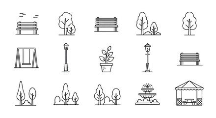 A collection of line art icons representing various elements found in a park or outdoor recreational space. © gita