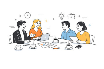 Entrepreneurs meeting with clients in a conference room. Coffee cups, laptops, and documents on the table during an informal business talk.