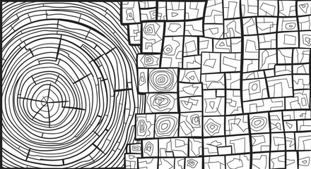 Abstract black and white illustration depicting a cross-section of a tree trunk next to a mosaic of geometric shapes. © gita