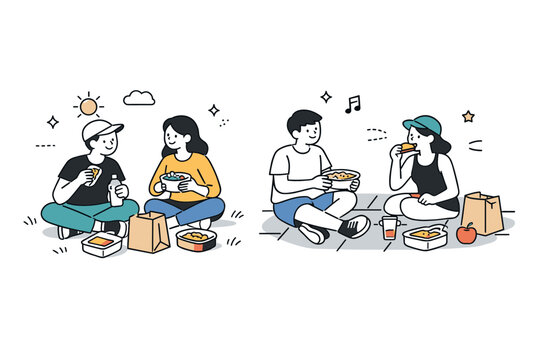 Impromptu Picnic Moments. First picnics improvised. People sitting on grass or pavement with simple containers and paper bags. Everyday food, outdoor novelty,
