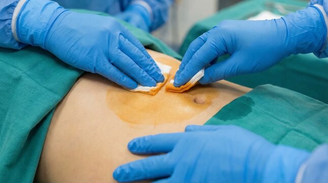 Surgeons in blue sterile gloves preparing a patients abdomen for surgery.