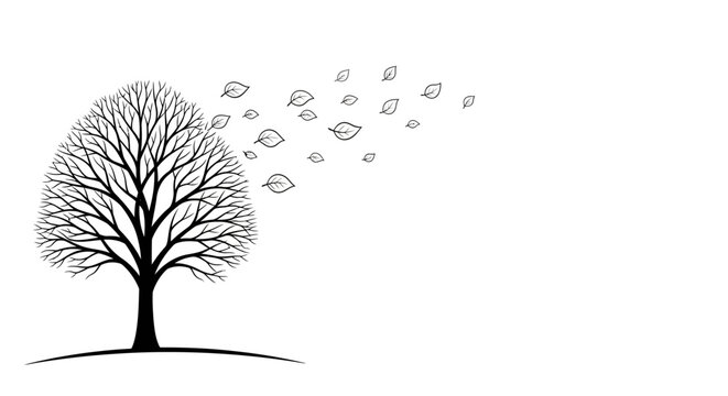 A bare deciduous tree with branches silhouetted against a white background, with a few leaves blowing away in the wind.