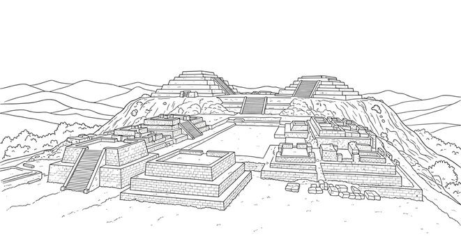 Monte alban archaeological site outline with ancient structures and mountain landscape