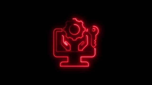 Neon Red Computer Monitor with Gear and Key on Black Background for Technology and Maintenance Concepts