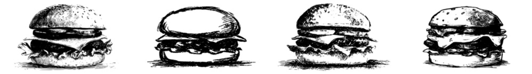 Obraz premium A classic black and white illustration of a hamburger with lettuce, tomato and cheese, on a bun.