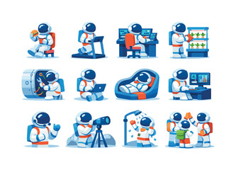 Fototapeta premium Astronaut Life Icons. Daily life activities. Colorful flat vector icons set of Daily life activities: