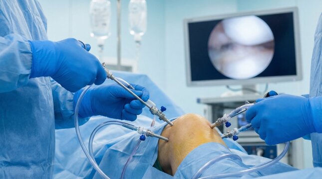 Surgeons performing minimally invasive arthroscopic knee surgery in a modern operating room.