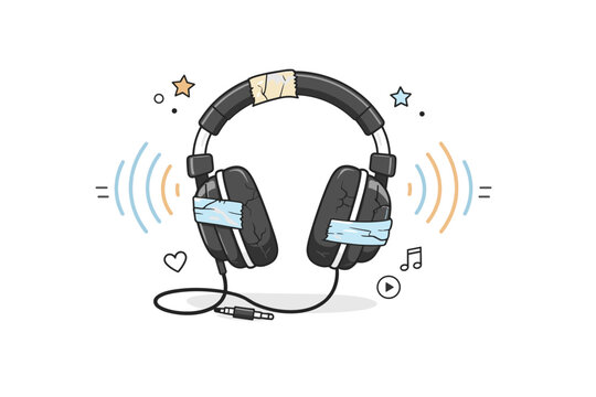 Cracked but working tech. Headphones held together with visible tape, soft sound waves gently radiating. Continued usefulness despite damage. Minimalist flat