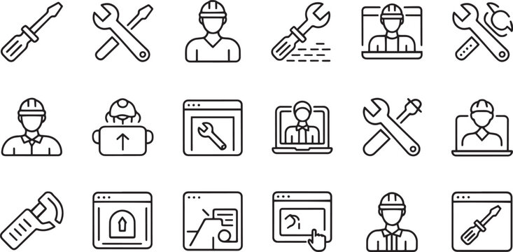 Collection of flat design icons representing various engineering and construction activities