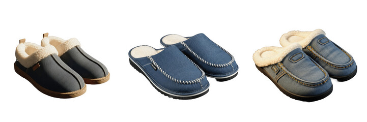 Men's Comfortable House Slippers Collection - Realistic 3D Illustration of Cozy Fleece Lined Slip-On Shoes Isolated on White Background for Loungewear and Retail Mockups © jamilkhan