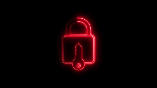 Neon red glowing lock with key on black background security symbol protection concept