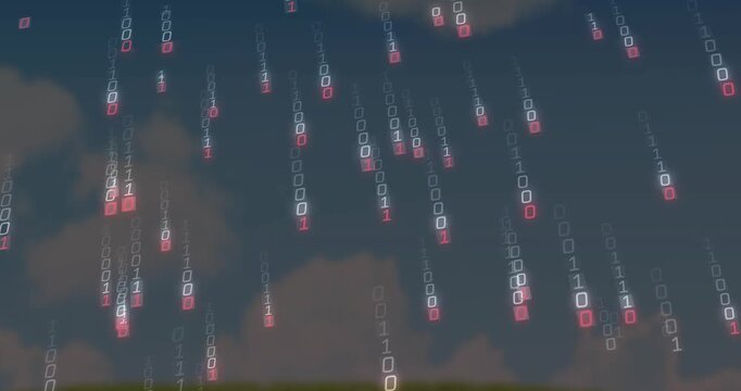 Binary clusters spawning high and falling in glowing streams, visualizing data rain over horizon