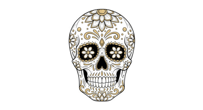 Intricate sugar skull design with floral patterns in black and gold on white background