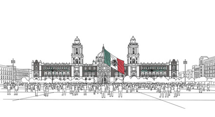 Fototapeta premium Detailed linear drawing of mexico city's metropolitan cathedral with mexican flag
