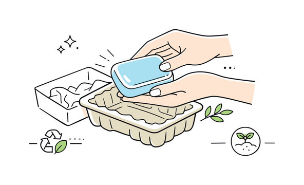 Eco-friendly unboxing moment. A close-up editorial view of hands lifting a product from compostable packaging, showing texture, care, and