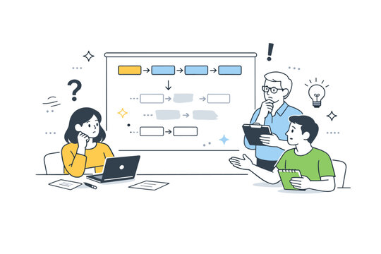 Loss of expertise. Small team reviewing a process where steps are missing or blurred, indicating knowledge gaps over time. Calm but concerned collaboration.