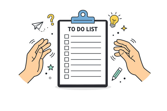 Decision fatigue moments. Close-up of hands hovering indecisively over a to-do list with many unchecked items. Visual hesitation and mental clutter. Minimalist