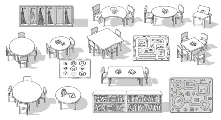 Detailed illustration of various tables and chairs, showcasing furniture design and arrangement.