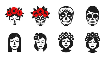 Dia de los muertos style icons: skulls and floral adorned faces