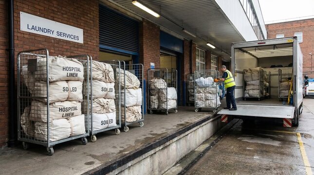 Worker loading carts of freshly laundered linen onto a delivery truck at an industrial facility.