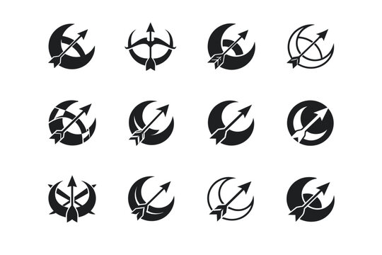lunar hunters. Icon set. Set Logo of lunar hunters: moon with bow and arrow motif. harmonious logo variations of the same emblematic concept,