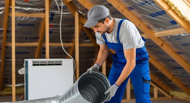 Man in blue overalls installing ventilation duct in attic
