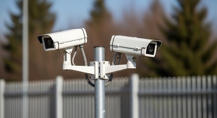 Two Security Cameras Mounted on a Metal Pole Against a Fence