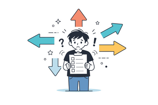 Decision paralysis. A character frozen between multiple directional arrows pointing in different ways, holding a clipboard with unchecked