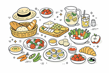 Spring Picnic Delight. Spring picnic food flat lay. Seasonal snacks, fresh vegetables, bread, and lemonade arranged in a balanced overhead layout.