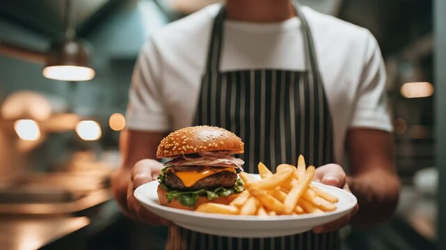 Waiter holding a plate with a burger and fries, fast food, lunch