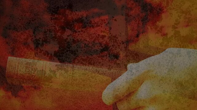 Resting right hand making small shifts on wooden plank, reacting to red soot overlay, testing grip