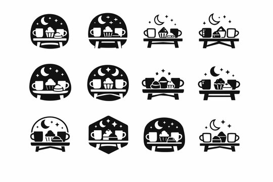 Creating a "coffee and dessert" night for a casual, laid-back gathering. Icon set. Set Logo of Creating a "coffee and dessert" night for a