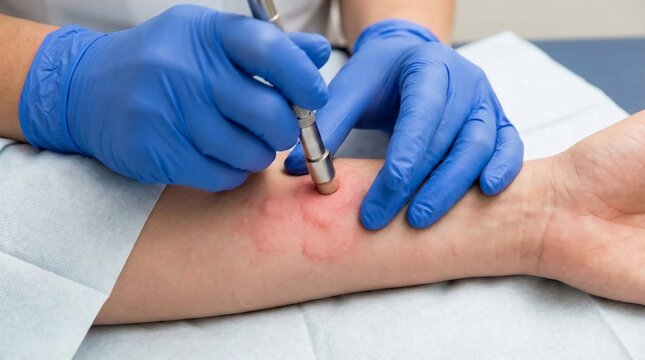 Dermatologist performing laser removal of varicose veins on a patients arm.