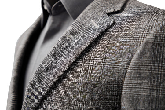 Close up of a man's grey plaid blazer and shirt isolated on transparent background. Close-up of a grey plaid suit jacket with a dark shirt isolated on white background.