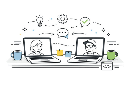 Pair programming workspace. Two laptops on a bright desk with sticky notes and coffee cups, abstract icons and motion lines floating to