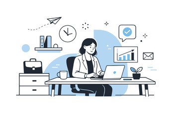 Fototapeta premium Duotone Workspace Ambiance. Duotone corporate workspace. A modern office scene with a professional working at a desk, rendered in a calm two-color palette to