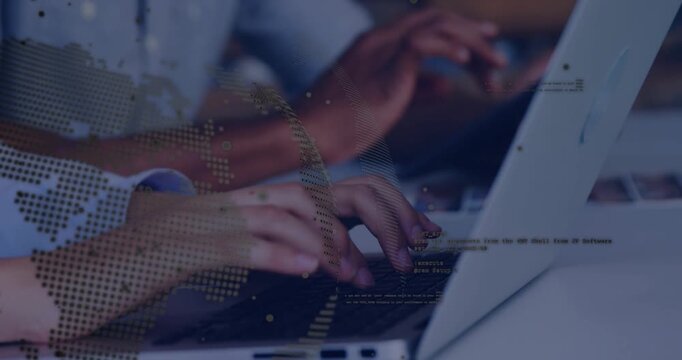 Camera focusing, pair hands typing on laptops, revealing code and map overlay, showing global work