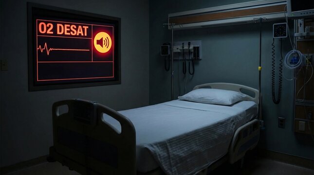 Empty Hospital Bed in a Dark Room with O2 Desaturation Warning.