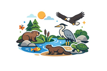 Fototapeta premium Mink river ecosystem scene portrayed as a harmonious interaction between animal and environment, evoking themes of biodiversity and respect for wildlife.