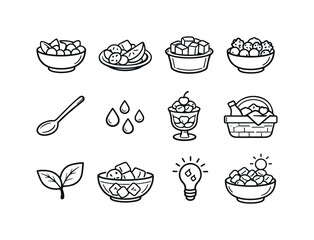 Fruit Salads. Line outline icon set of Fruit Salads: fruit bowl, mixed slices, melon cubes,