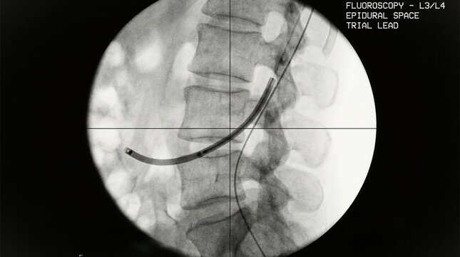 Fluoroscopy X-ray image of epidural catheter placement in the lumbar spine for medical treatment.