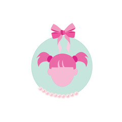 Obraz premium Cute Girl Avatar Logo with Pink Pigtails and Ribbon Bow Featuring a Pearl Necklace on a Soft Teal Circular Background