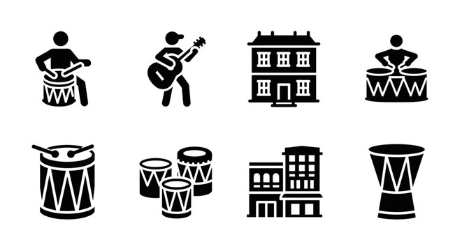 Music and architecture silhouettes: drums, guitar, buildings in simple icon style